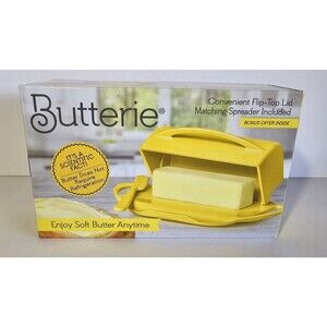 Butterie Yellow Flip Top Lid Butter Dish W/Spreader Countertop Soft Anytime NIB
